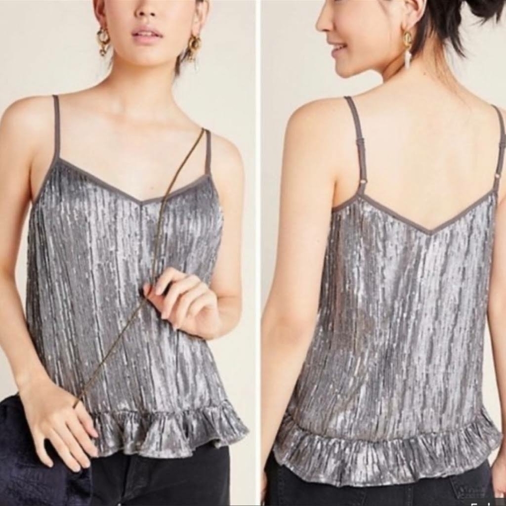 Anthropologie Amelie Gunmetal Grey Double V Sequin Ruffle Top